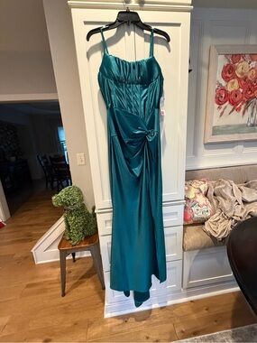 Teal (emerald) Satin Spaghetti-Strap Evening Dress